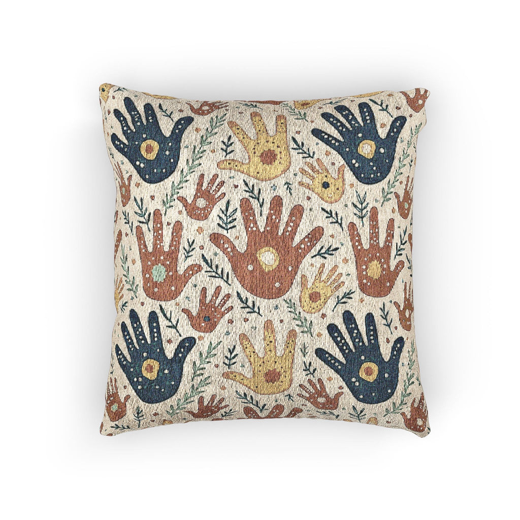 Woven Pillow — Boho Handprint Pattern Decorative Throw Pillow (Earth Tones)