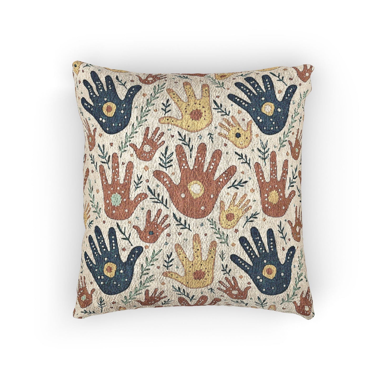 Woven Pillow — Boho Handprint Pattern Decorative Throw Pillow (Earth Tones)