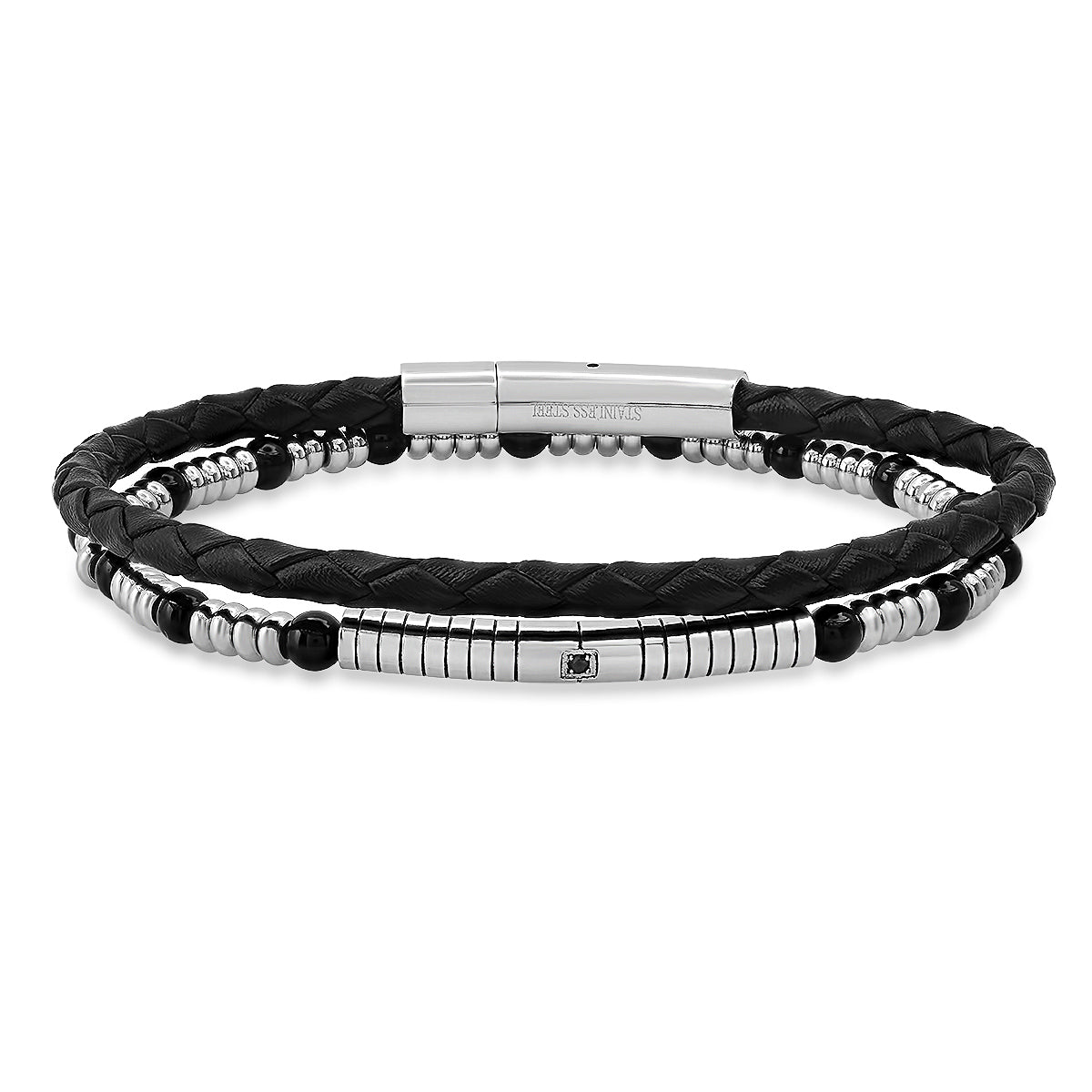 Men’s Dual-Strand Stainless Steel & Black Braided Leather Biker Bracelet