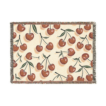Cherry Pattern Woven Blanket — Retro Fruit Throw for Living Room & Bedroom