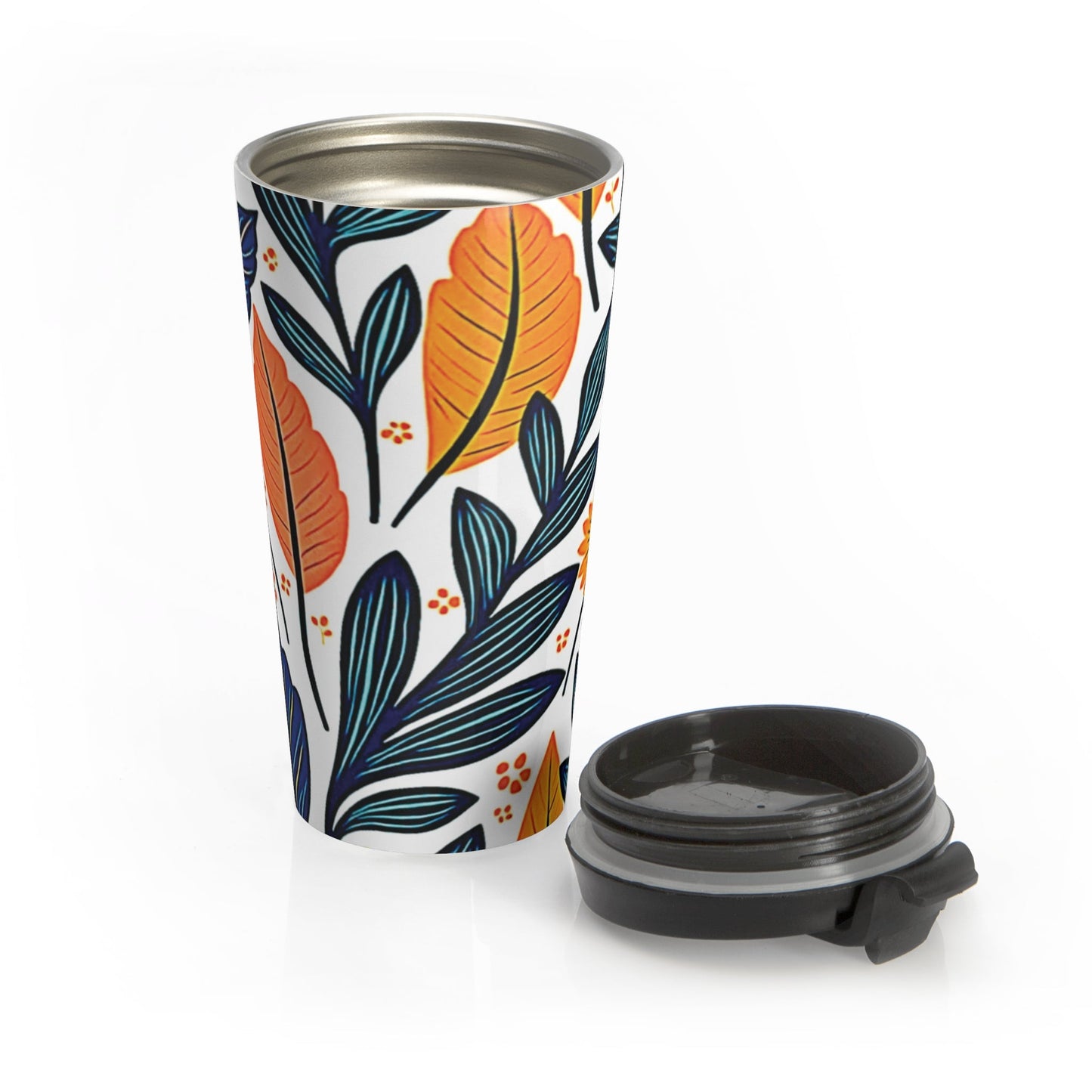 Autumn Foliage Floral Travel Mug | Orange Blue Leaf Pattern