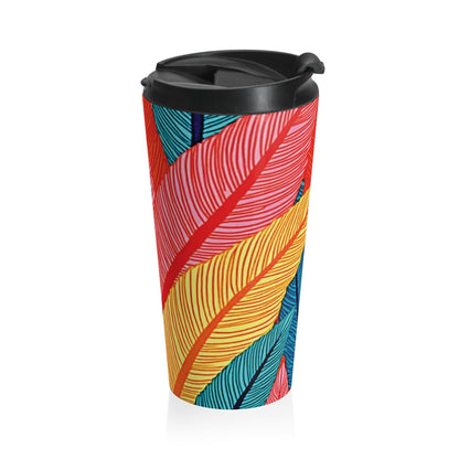 Tropical Feather Stainless Steel Travel Mug — Colorful Leaf Pattern, Insulated Coffee Tumbler