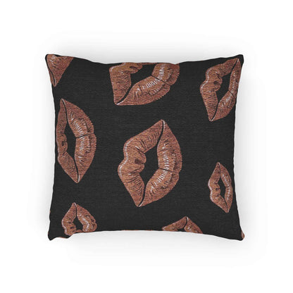 Rose Gold Lip Print Woven Pillow | Black Background, Decorative Throw Pillow
