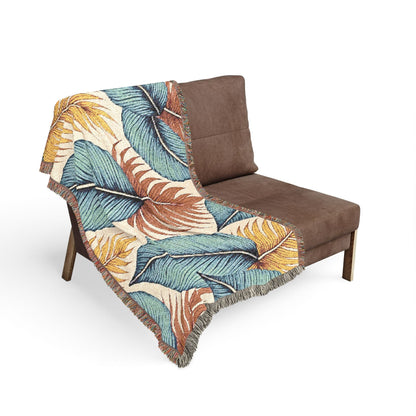 Tropical Leaf Woven Blanket — Boho Coastal Throw for Living Room & Patio
