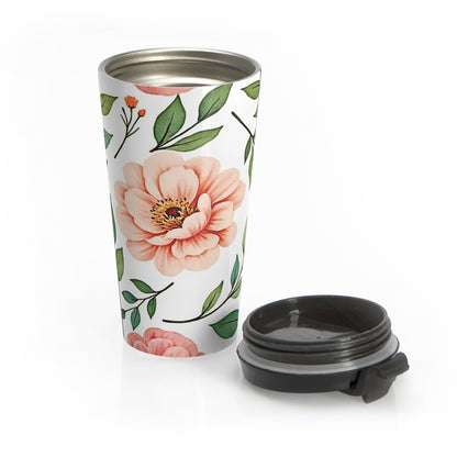 Peach Floral Pattern Stainless Steel Travel Mug | Botanical Leaves