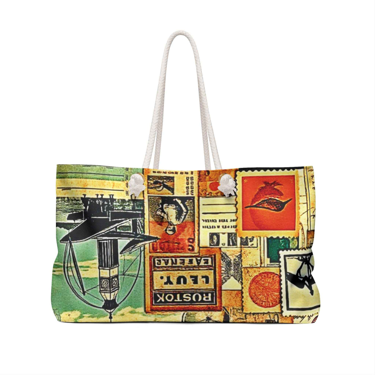 Vintage Travel Collage Weekender Bag | Postage Stamps, Airplane Motifs, Large Tote Bag
