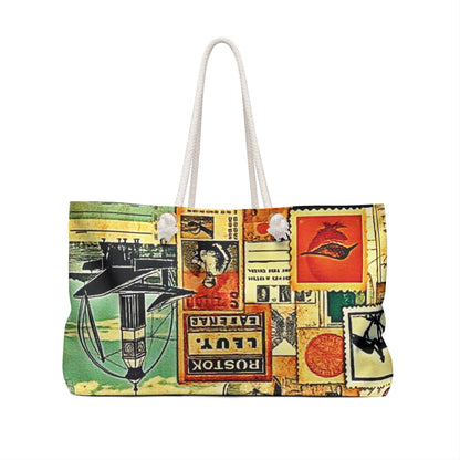 Vintage Travel Collage Weekender Bag | Postage Stamps, Airplane Motifs, Large Tote Bag