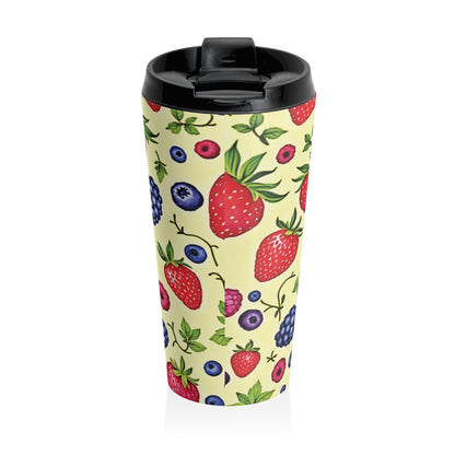 Strawberry & Berry Pattern Stainless Steel Travel Mug — Insulated Fruit Print Tumbler