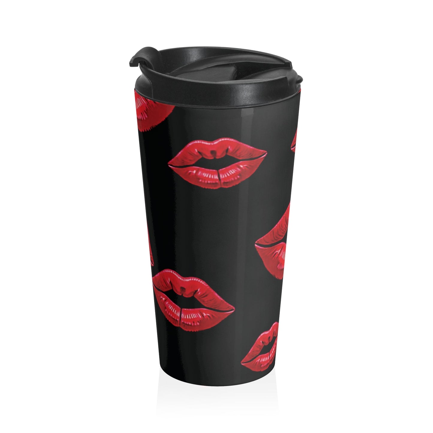 Red Lipstick Kiss Pattern Travel Mug | Black Stainless Steel