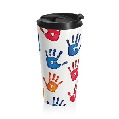 Colorful Handprint Stainless Steel Travel Mug — Kids Art Pattern, Spill‑Resistant Coffee Tumbler