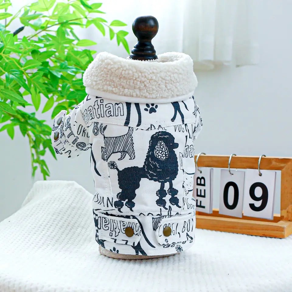 Sketch Print Dog Coat | Warm Dog Coat with Fur Trim