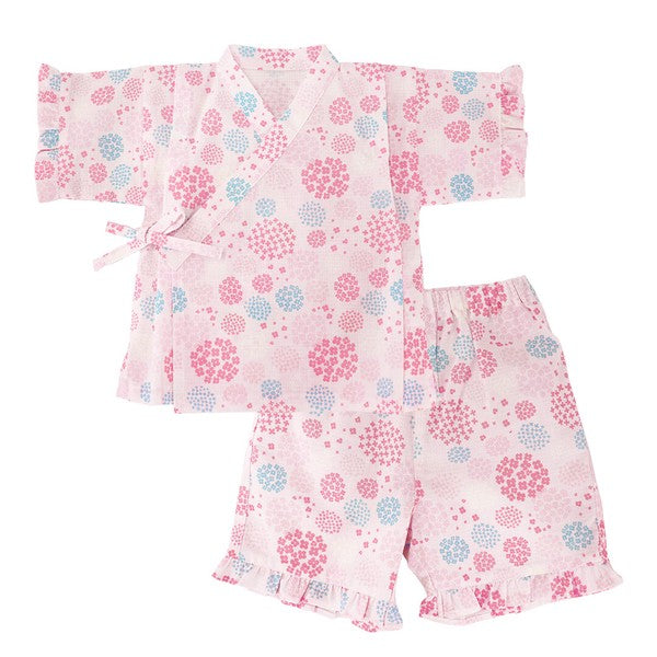 [Pre-Order] Girls' Jinbei Set with Frills: Hydrangea Pattern 2-Piece Set (Cool Grid Weave) (Save 10% in March)