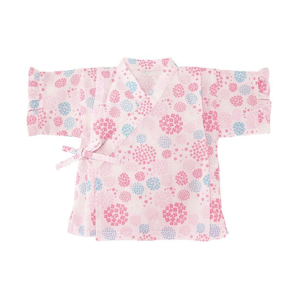 [Pre-Order] Girls' Jinbei Set with Frills: Hydrangea Pattern 2-Piece Set (Cool Grid Weave) (Save 10% in March)
