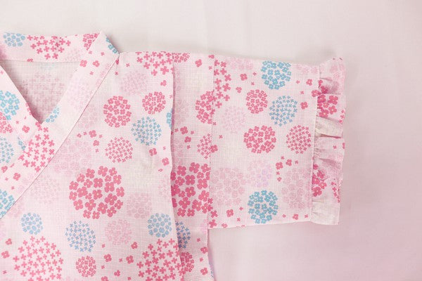 [Pre-Order] Girls' Jinbei Set with Frills: Hydrangea Pattern 2-Piece Set (Cool Grid Weave) (Save 10% in March)