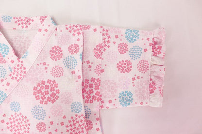 [Pre-Order] Girls' Jinbei Set with Frills: Hydrangea Pattern 2-Piece Set (Cool Grid Weave) (Save 10% in March)