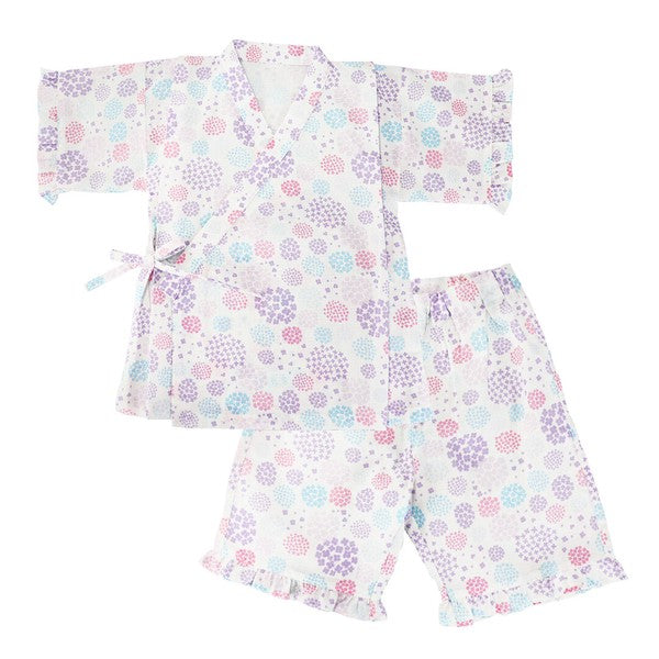 [Pre-Order] Girls' Jinbei Set with Frills: Hydrangea Pattern 2-Piece Set (Cool Grid Weave) (Save 10% in March)