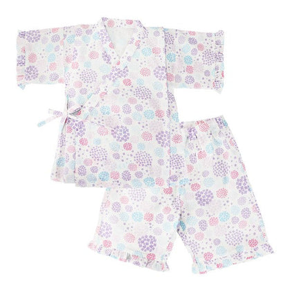 [Pre-Order] Girls' Jinbei Set with Frills: Hydrangea Pattern 2-Piece Set (Cool Grid Weave) (Save 10% in March)