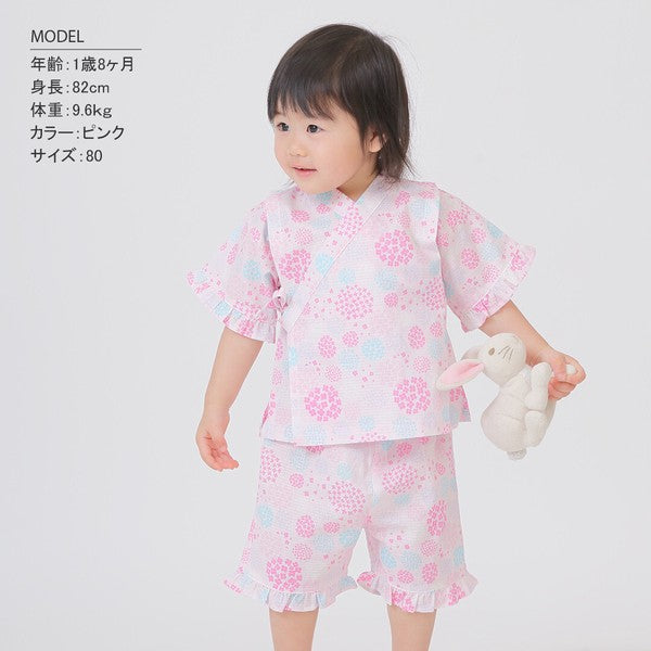 [Pre-Order] Girls' Jinbei Set with Frills: Hydrangea Pattern 2-Piece Set (Cool Grid Weave) (Save 10% in March)