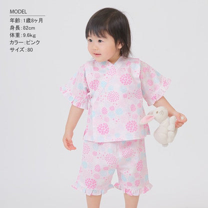 [Pre-Order] Girls' Jinbei Set with Frills: Hydrangea Pattern 2-Piece Set (Cool Grid Weave) (Save 10% in March)