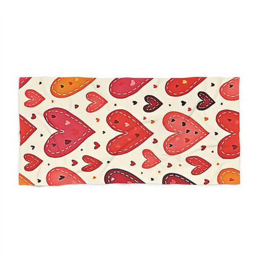 Heart Pattern Beach Towel — Cute Red & Orange Hearts Summer Beach Towel