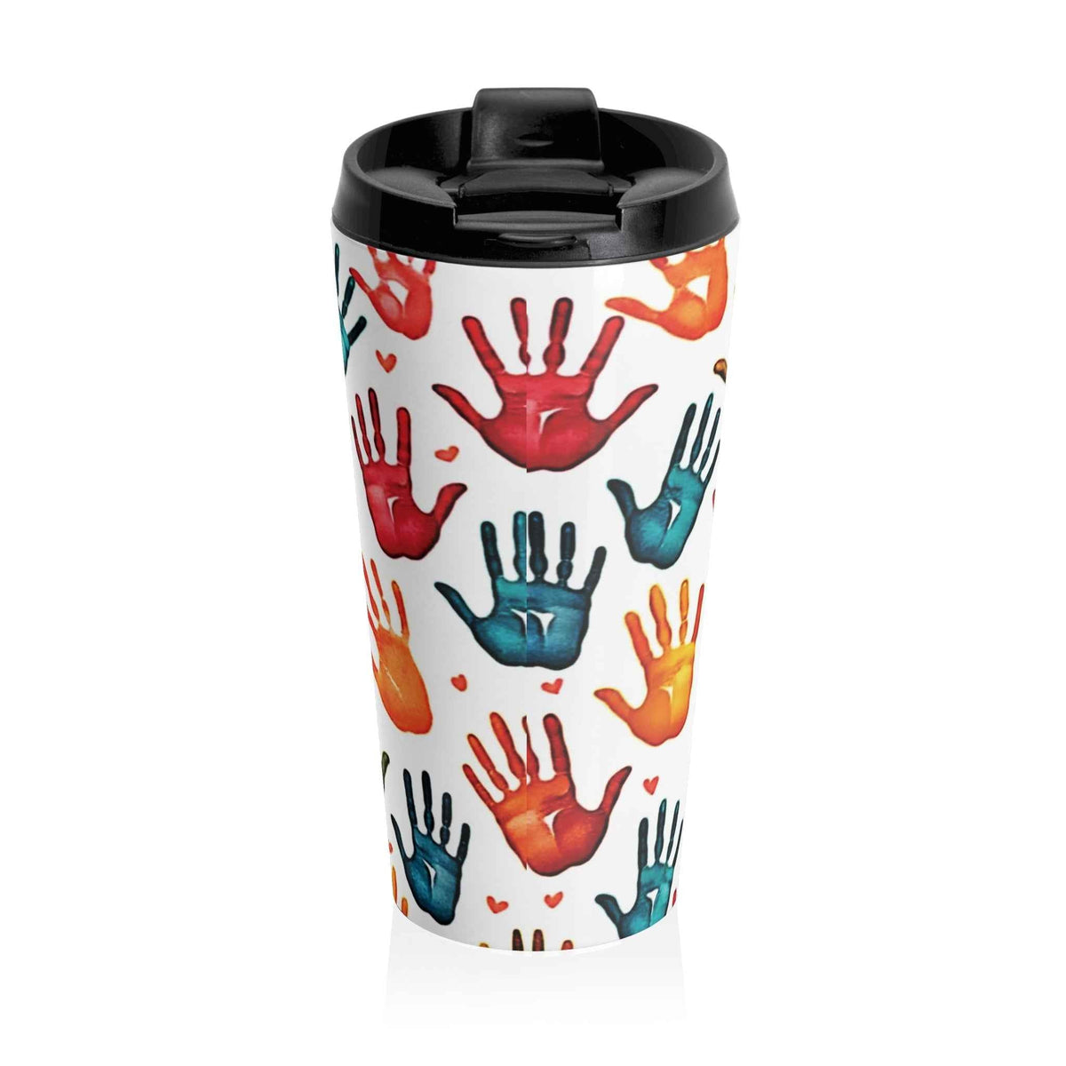 Travel Mug — Colorful Handprint Pattern Stainless Steel Tumbler (Kids & Teachers Gift)