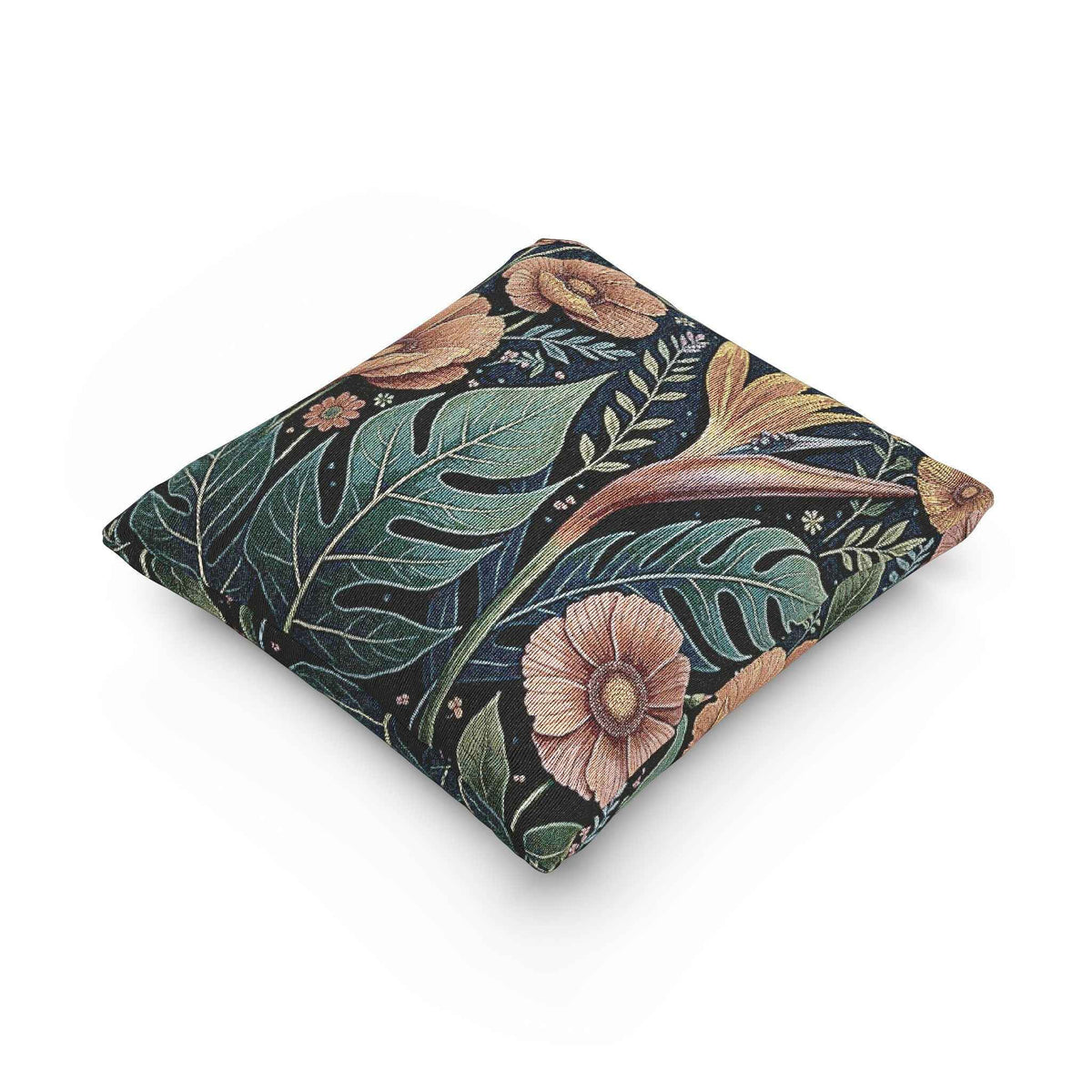 Tropical Floral tapestry pillow | woven botanical throw pillow, vintage jungle design