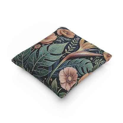 Tropical Floral tapestry pillow | woven botanical throw pillow, vintage jungle design