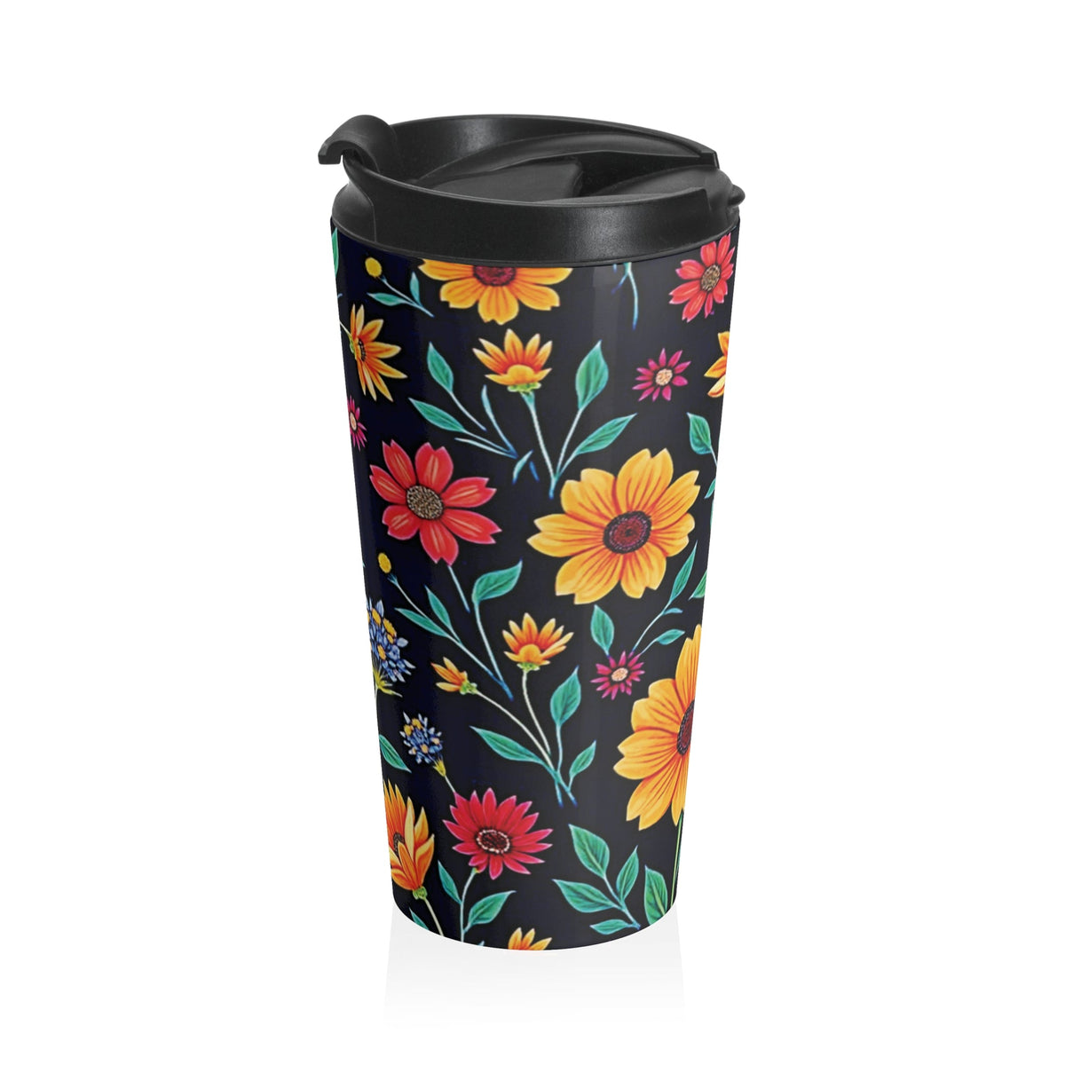 Colorful Floral Pattern Stainless Steel Travel Mug | Black Background