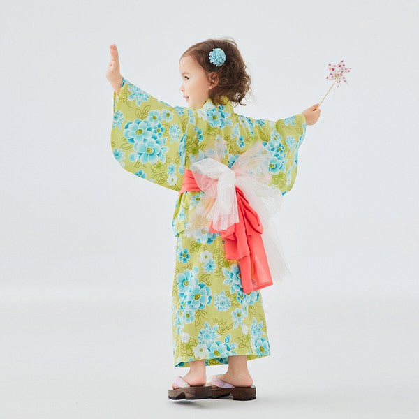 [Pre-Order] Kids' Easy-Wear Yukata: Yellow Floral 2-Piece Set (Cool Slub Cotton - Obi Sold Separately) (Save 10% in March)