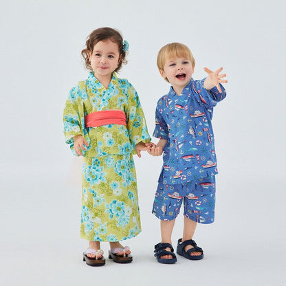 [Pre-Order] Kids' Easy-Wear Yukata: Yellow Floral 2-Piece Set (Cool Slub Cotton - Obi Sold Separately) (Save 10% in March)