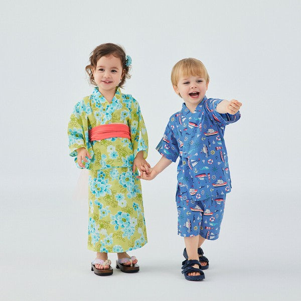 [Pre-Order] Kids' Easy-Wear Yukata: Yellow Floral 2-Piece Set (Cool Slub Cotton - Obi Sold Separately) (Save 10% in March)