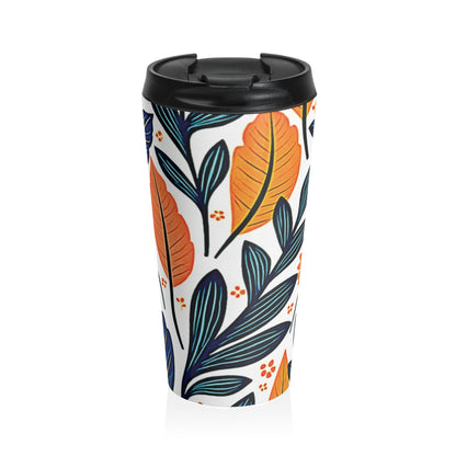 Autumn Foliage Floral Travel Mug | Orange Blue Leaf Pattern