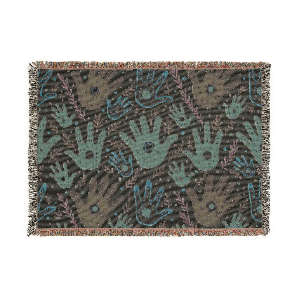Handprint Pattern Woven Blanket — Boho Tribal Throw for Living Room, Nursery, or Gift