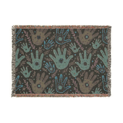 Handprint Pattern Woven Blanket — Boho Tribal Throw for Living Room, Nursery, or Gift