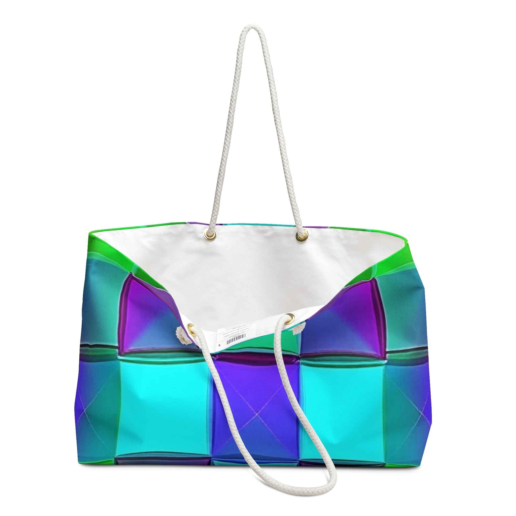 Teal Purple Geometric Pattern Weekender Bag | Colorful Cube Design, Large Tote Bag