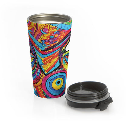 Colorful Abstract Face Travel Mug — Vibrant Psychedelic Stainless Steel Tumbler
