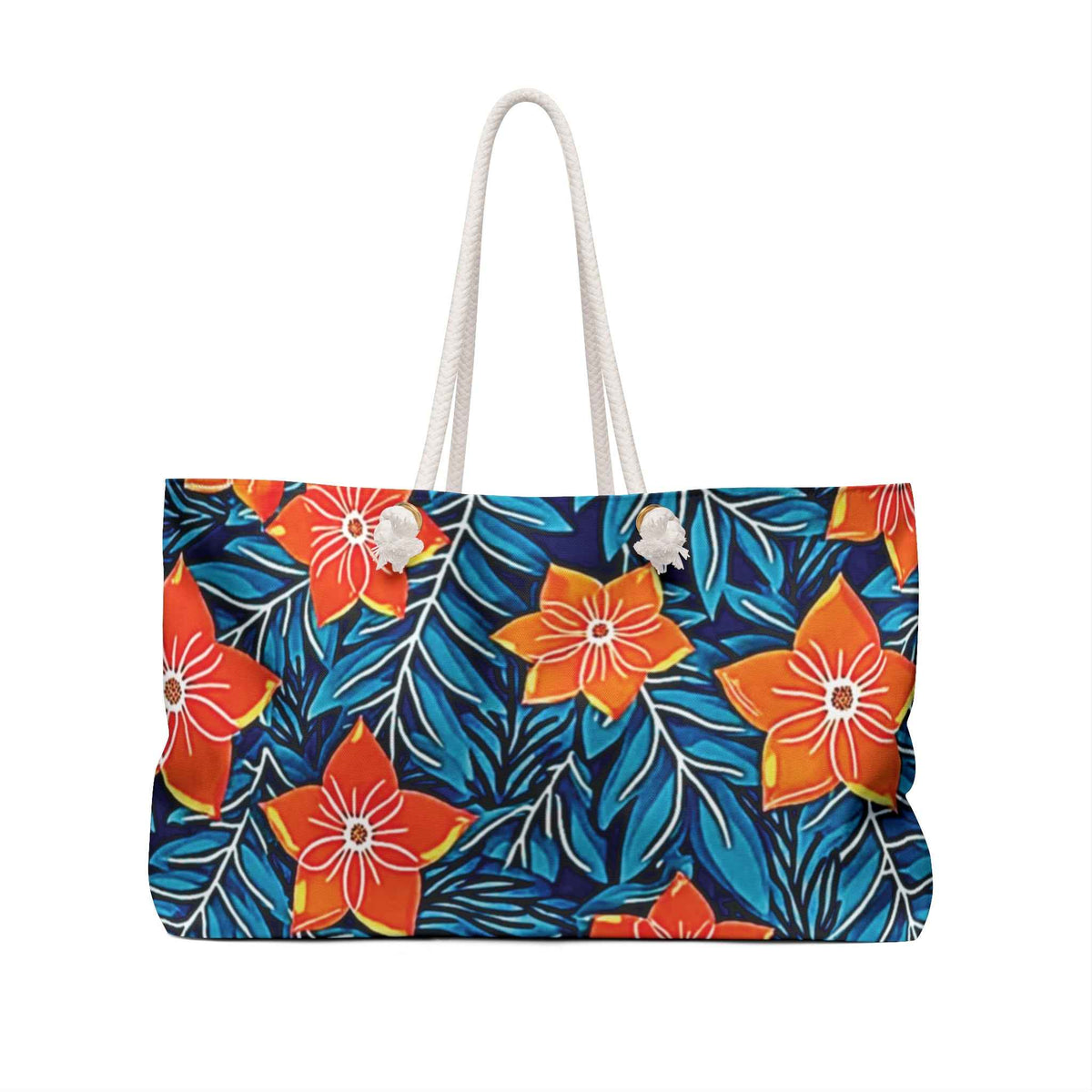 Orange Floral Pattern Weekender Bag | Tropical Blue Leaves | Large Tote Bag