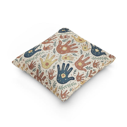 Woven Pillow — Boho Handprint Pattern Decorative Throw Pillow (Earth Tones)