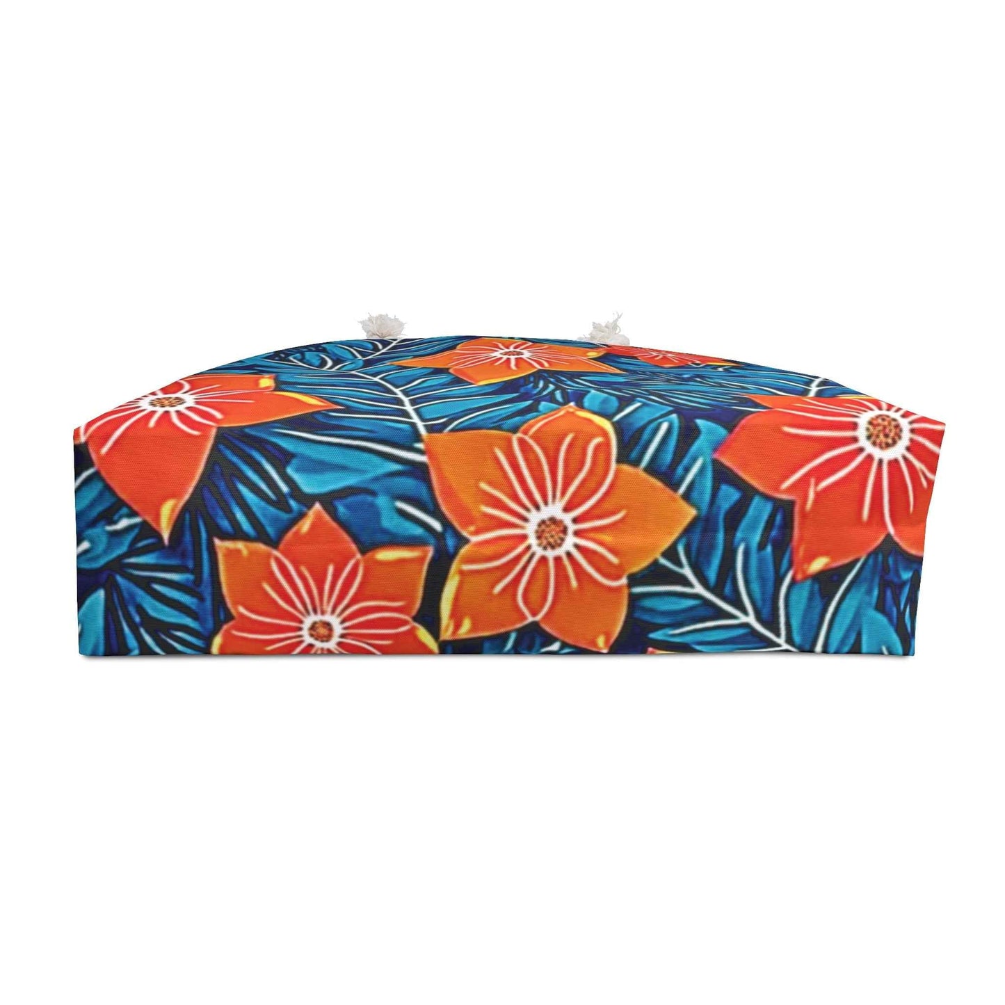 Orange Floral Pattern Weekender Bag | Tropical Blue Leaves | Large Tote Bag