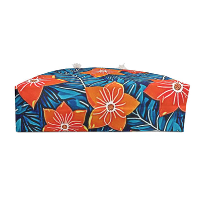 Orange Floral Pattern Weekender Bag | Tropical Blue Leaves | Large Tote Bag