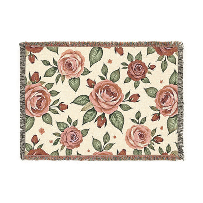 Floral Woven Blanket — Vintage Rose Throw for Living Room & Bedroom
