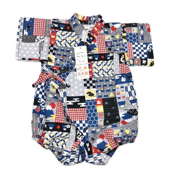 [Pre-Order] Made in Japan Jinbei Romper: Patchwork Fuji (Tsumugi Cotton) (Save 10% in March)