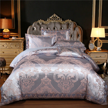 Jacquard Cotton Four‑Piece Luxury Bedding Set – Pure Cotton Duvet Cover &amp; Silk‑Satin Finish Bed Sheet