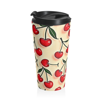 Cherry Pattern Stainless Steel Travel Mug — Retro Red Cherries Thermal Tumbler