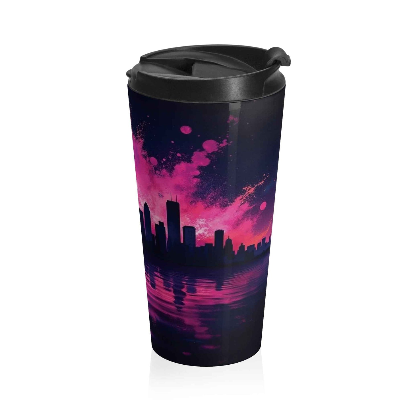 Neon City Skyline Stainless Steel Travel Mug — Retro Sunset Urban Thermos
