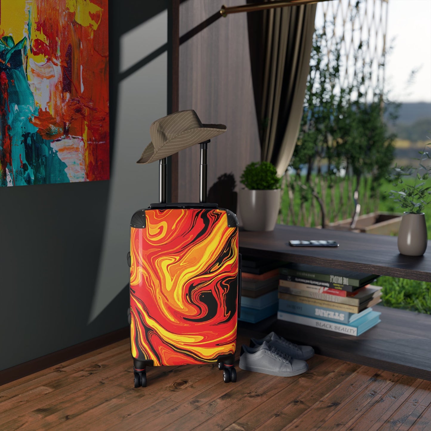 Fiery Marble Carry-On Suitcase — Bold Red & Yellow Swirl Luggage