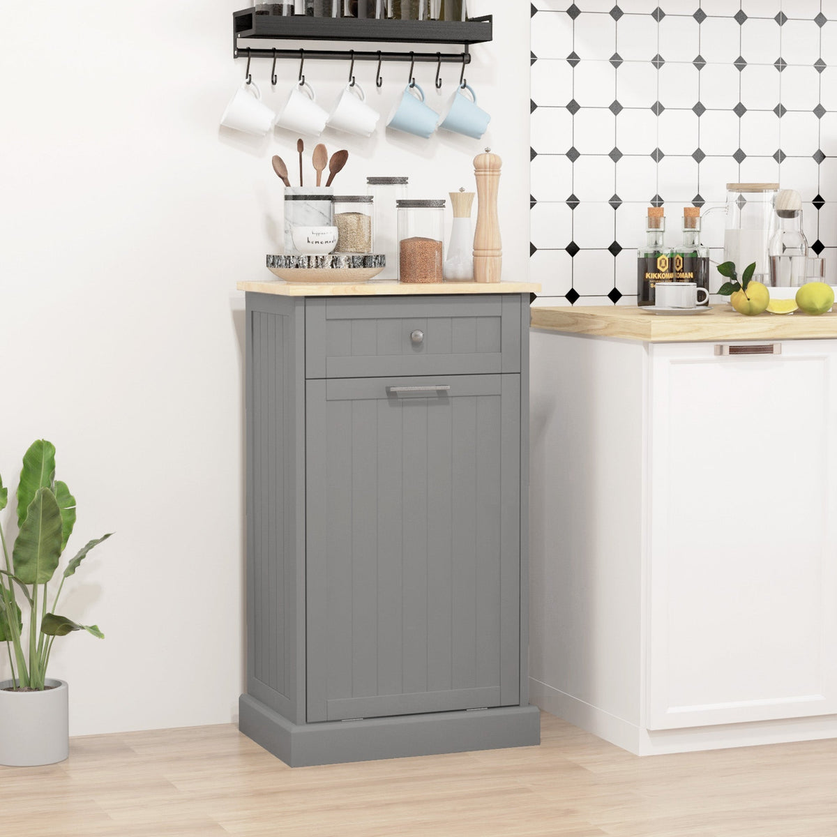 Kitchen Tilt Out Trash Bin Cabinet, Free Standing Recycling Cabinet, Trash Can Holder with Drawer, White