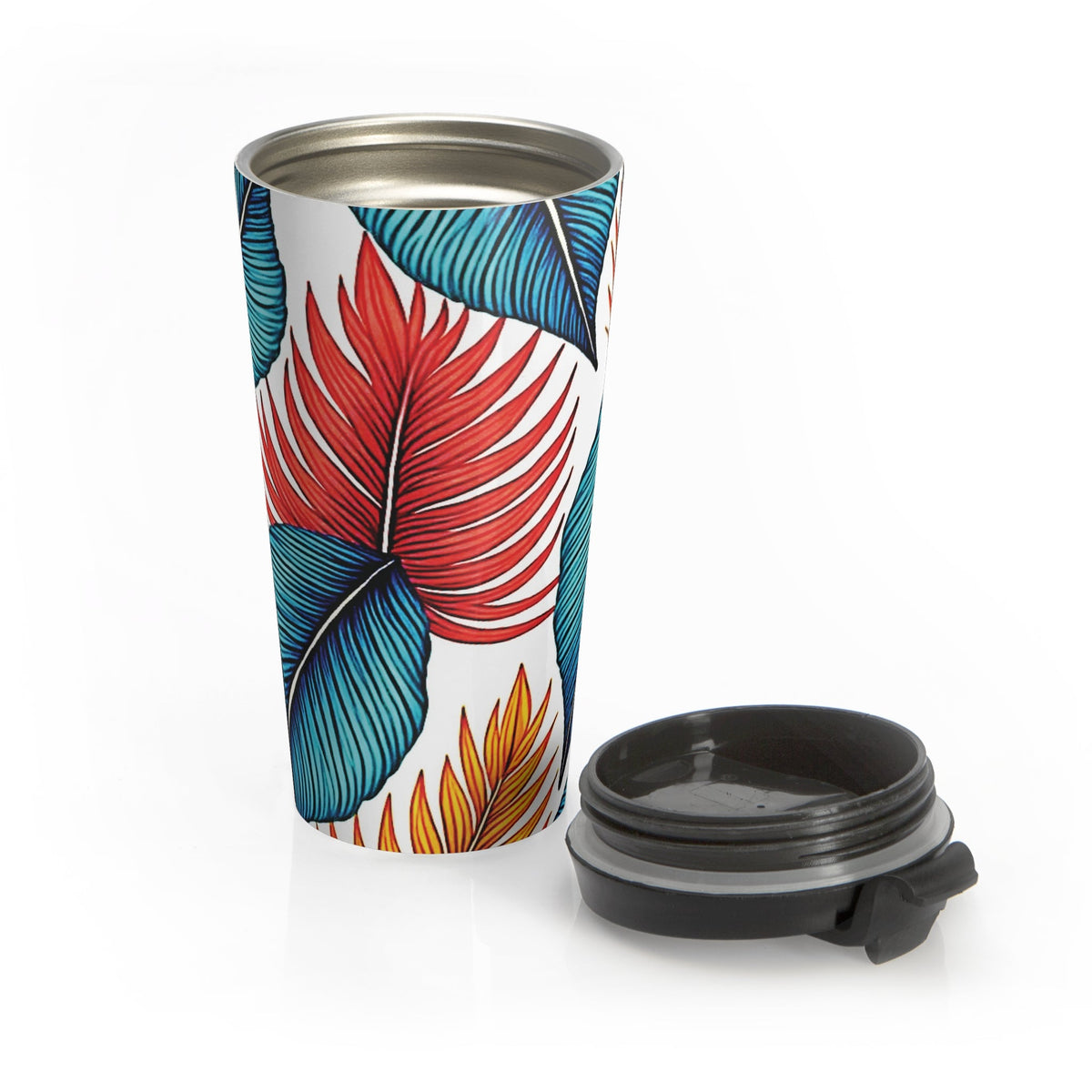 Tropical Leaf Pattern Stainless Steel Travel Mug | Colorful Palm Leaves