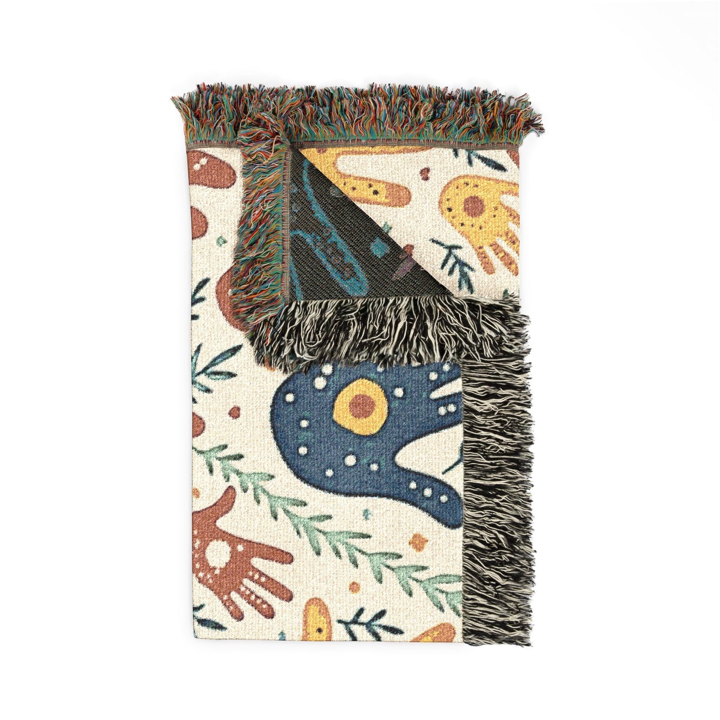 Handprint Pattern Woven Blanket — Boho Tribal Throw for Living Room, Nursery, or Gift