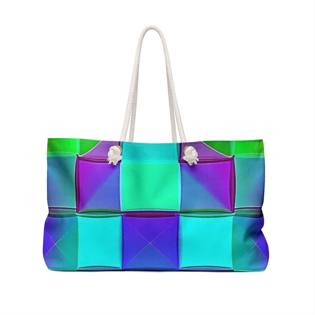 Teal Purple Geometric Pattern Weekender Bag | Colorful Cube Design, Large Tote Bag